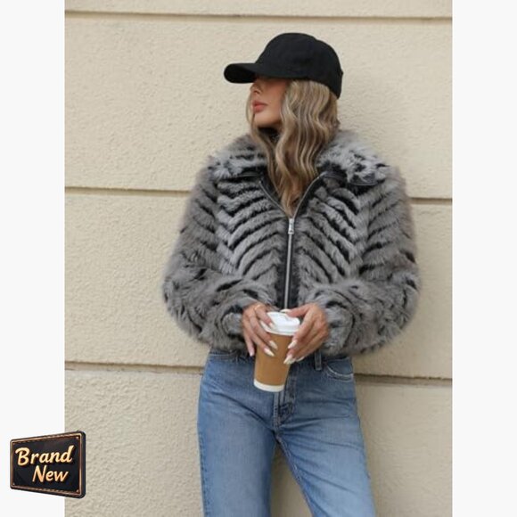 Faux Fur Leather Jacket Cropped Fleece Coat Warm Fluffy Zip Outerwear - Picture 3 of 7